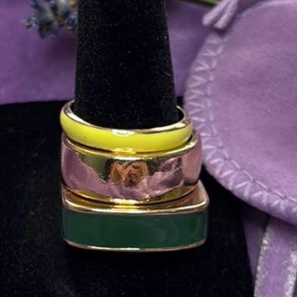 3 Elegant Gold and Green m, Yellow Ring Set. 
Sizes are a 6, 7 and an 8. 
EA8